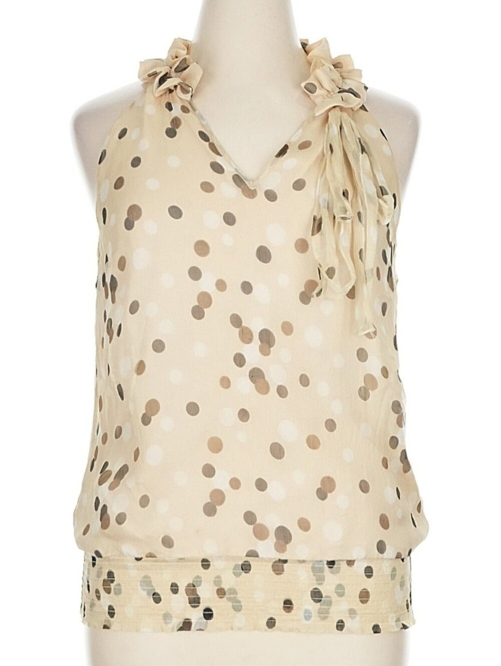 Elena Solano Sleeveless Ruffle Neck Polka Dot Blouse, XL, Beige Multi